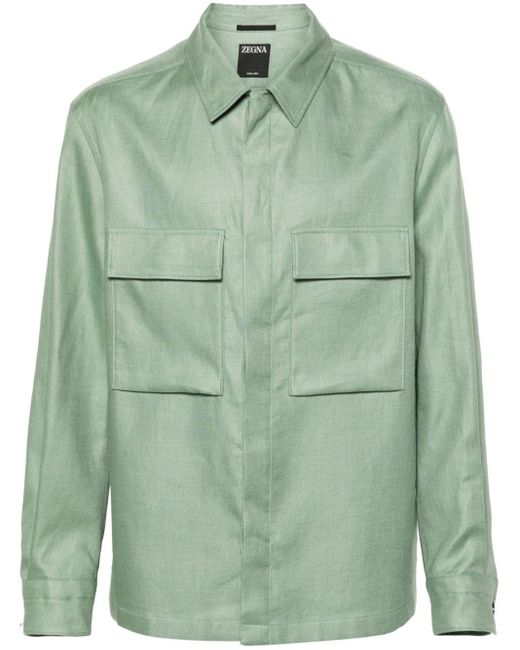 Zegna Green Chest-pockets Linen Shirt for men
