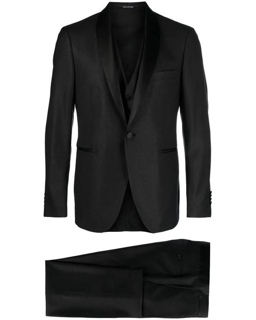 Tagliatore Black Satin-Lapel Three-Piece Suit for men