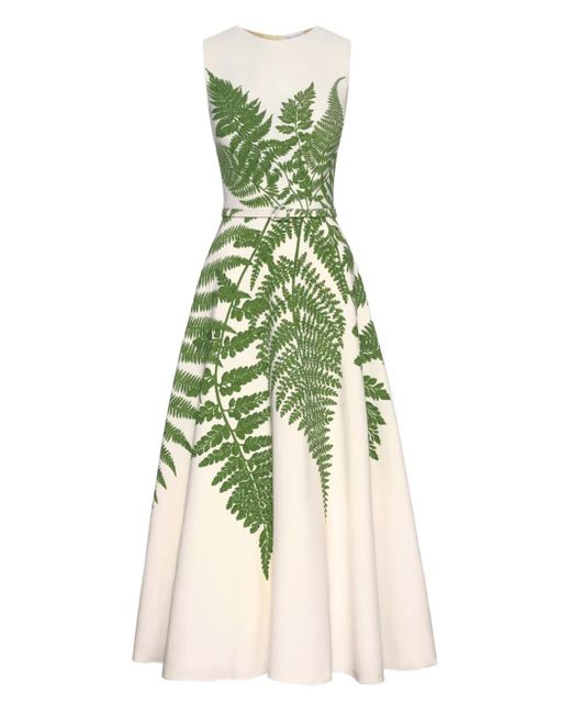 Oscar de la Renta プリント ベルテッドミディドレス Green