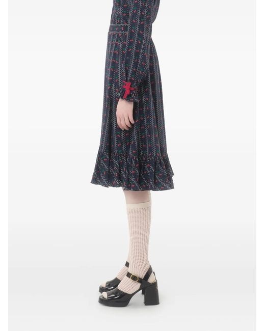 Valentino Garavani Blue Crepe De Chine Midi Skirt With Cherryfic Print