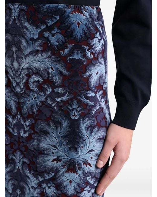 Etro Blue Damask-Pattern Pencil Midi Skirt