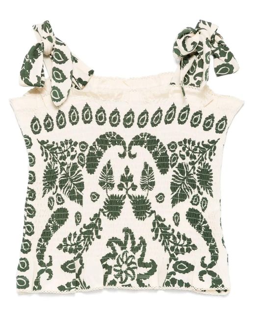 Sandro White Floral-Print Smocked Top