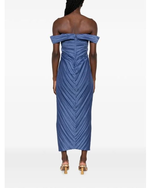 Cult Gaia Blue Natalie Off-Shoulder Pleated Midi Dress