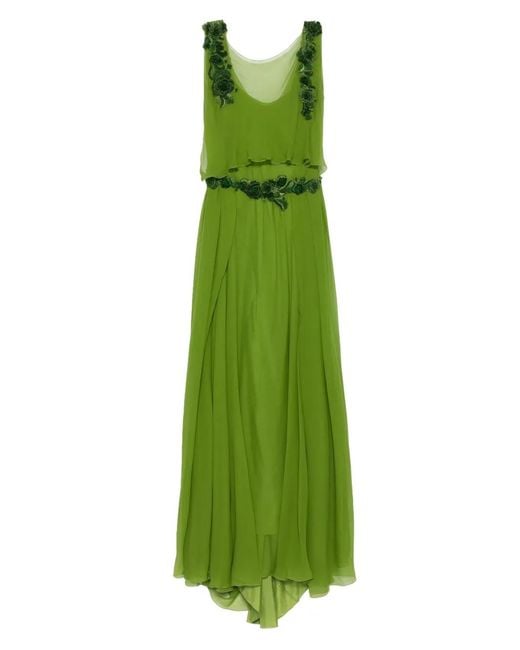 alberta ferretti green silk dress Long silk gown with shoulder-revealing cape