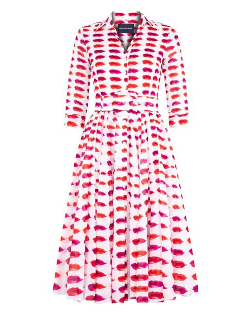 Samantha Sung Red Aster Lips-Print Midi Dress