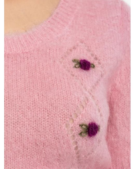 Alessandra Rich T-Shirt Verfraaid Met Rozen En Korte Mouwen in het Pink