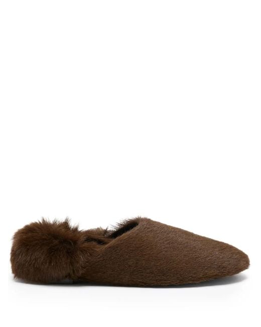 Proenza Schouler Kalfsleren Slippers Met Bont Afwerking in het Brown