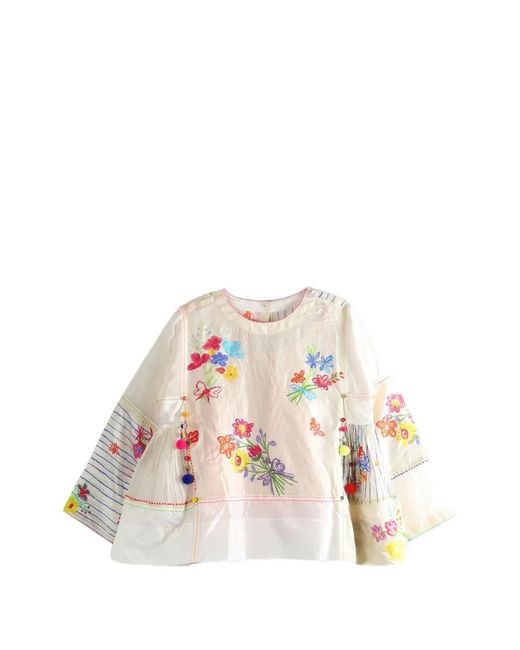 Péro White Floral-Print Embroidered Blouse
