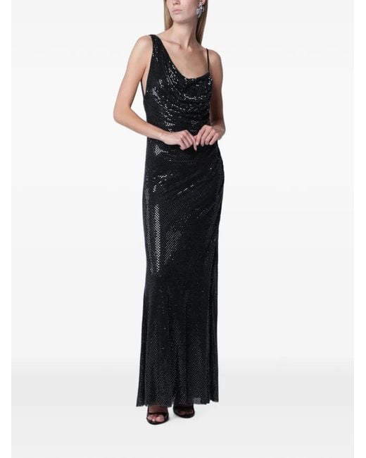 Self-Portrait Black Rhinestone-Embellished Draped Maxi Dress