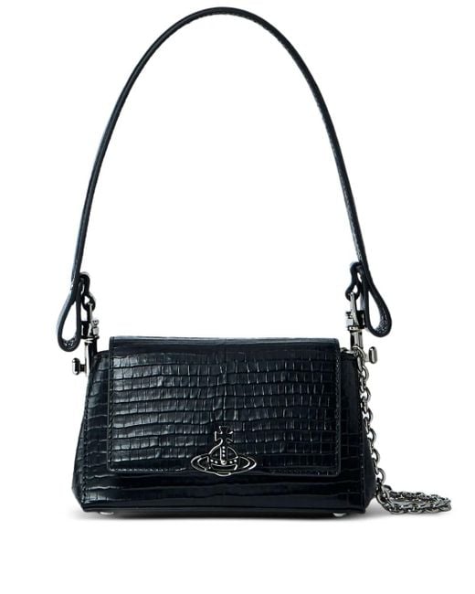 Vivienne Westwood Black Small Hazel Croc-Embossed Flap Shoulder Bag