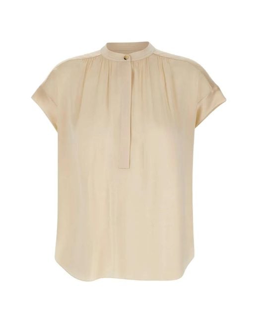 Vince White Button-Placket Gathered Silk Blouse