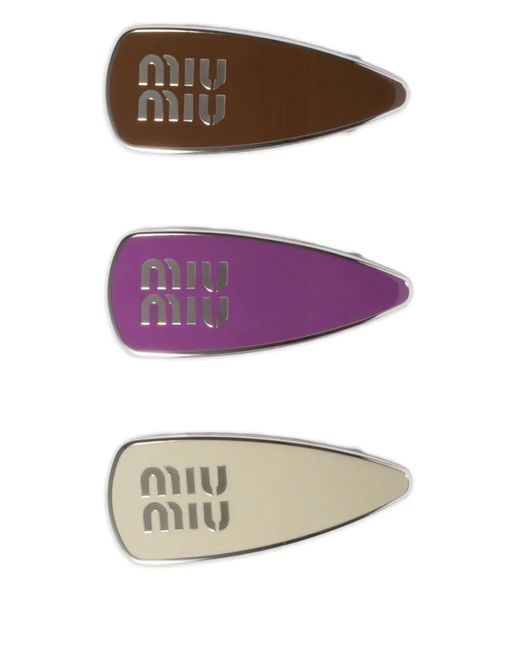 Miu Miu Purple Logo Enamel Hair Clip (Set Of Three)