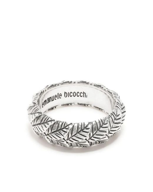 Emanuele Bicocchi White Engraved-Leaves Embellished Ring