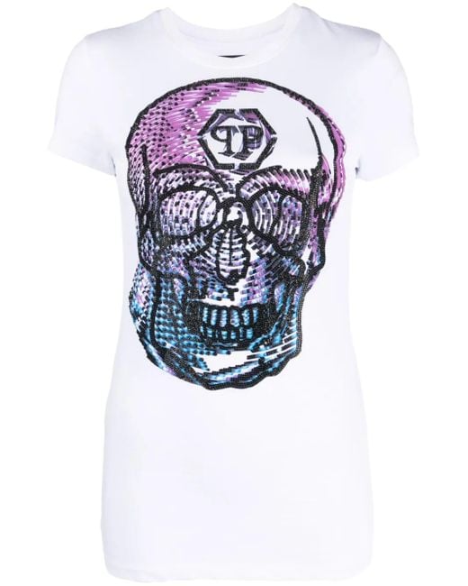 Philipp Plein Blue Crystal-Embellished Skull-Print T-Shirt