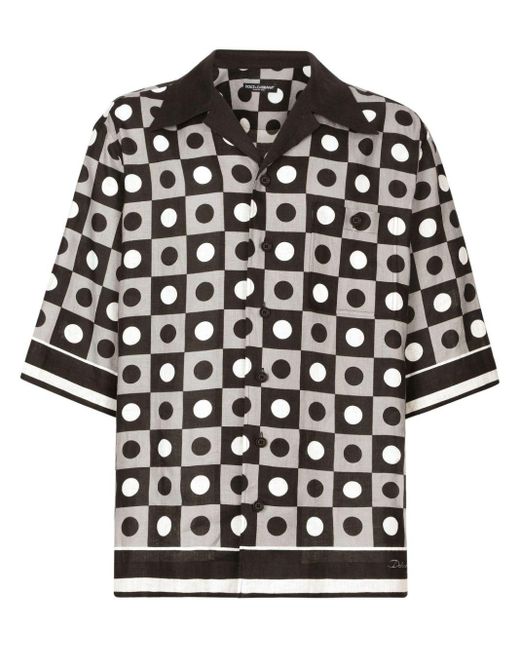 Dolce & Gabbana Black Geometric-Print Linen Shirt for men