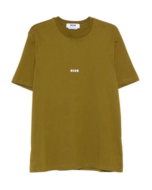 MSGM Green Cotton T-Shirt With Front Printed Logo for men