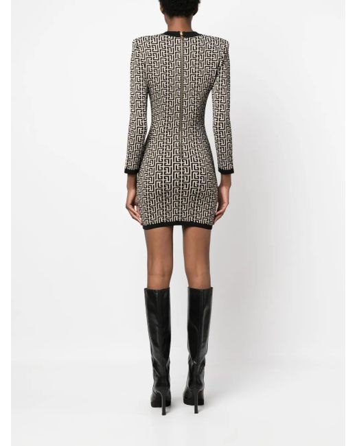 Balmain Black Geometric Jacquard Wool Dress For