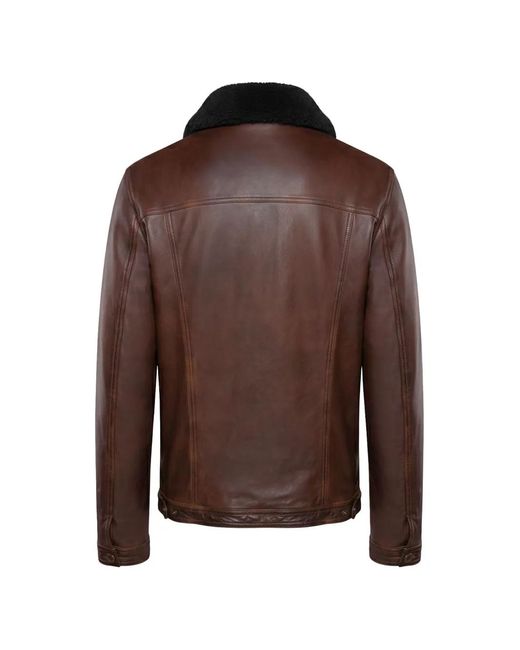 Moorer Brown Shearling-Collar Leather Jacket for men