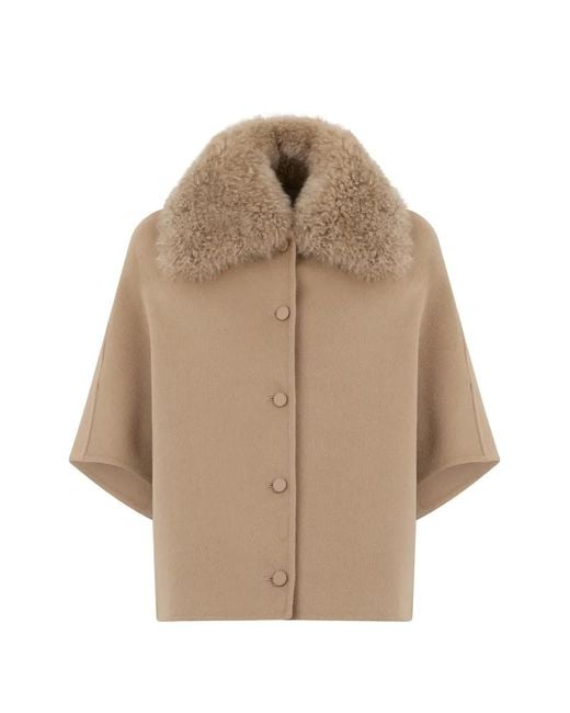 Yves Salomon Natural Shearling-Collar Button-Front Cape