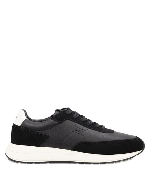Boss Black Panelled Leather Sneakers for men