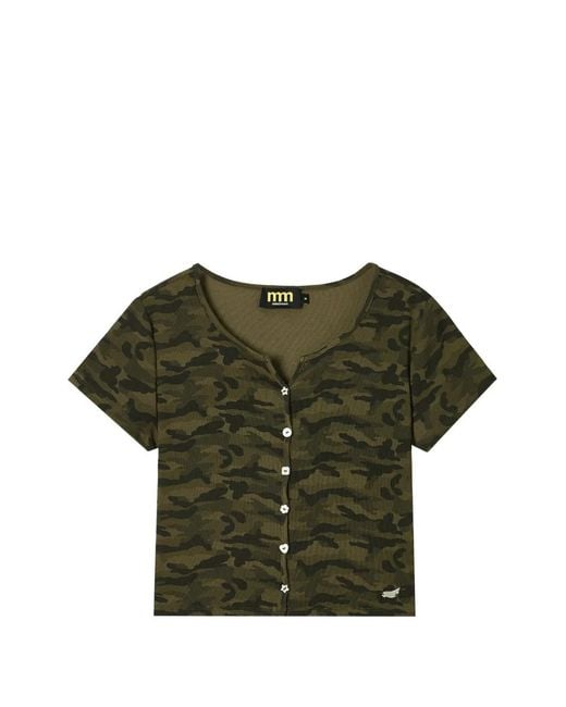 Mini Cream Green Camouflage-Print Button-Up T-Shirt