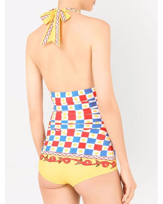 Dolce & Gabbana Red Carretto-Print Plunge-Neck Swimsuit