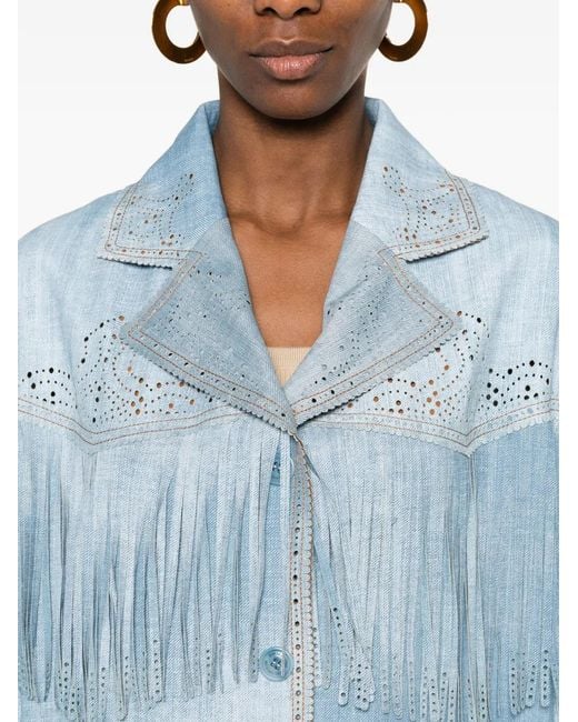 Ermanno Scervino Blue Fringed Laser-Cut Jacket