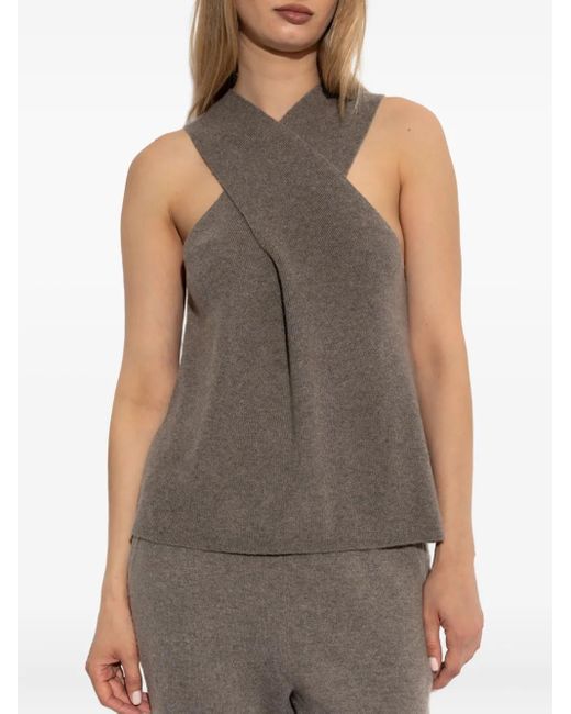 Lisa Yang Brown Cross-neck Ribbed Top