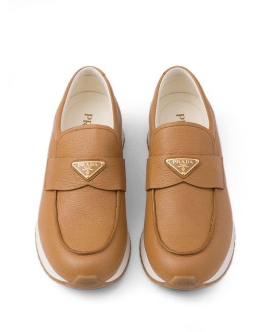 Prada Brown Triangle-logo Leather Loafers for men