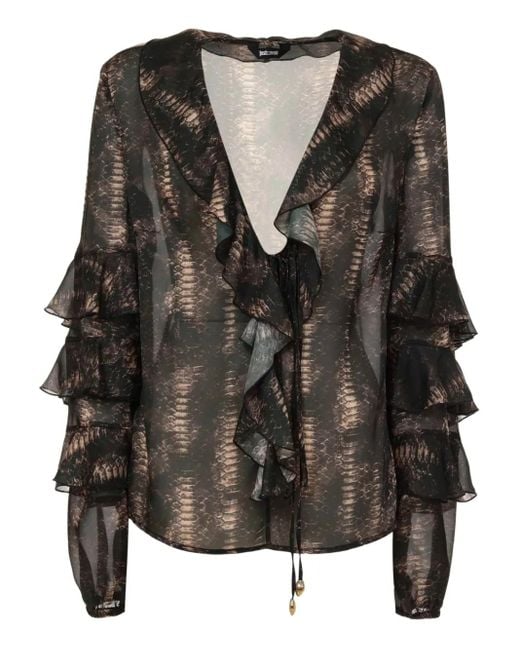 Just Cavalli Black Snake-Print Ruffled Top