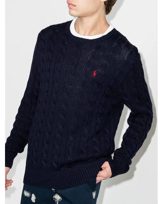Polo Ralph Lauren Blue Dark Cable Knit Sweater With Embroidered Logo for men