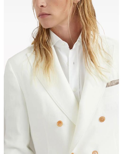 Brunello Cucinelli White Double-Breasted Linen Blazer for men