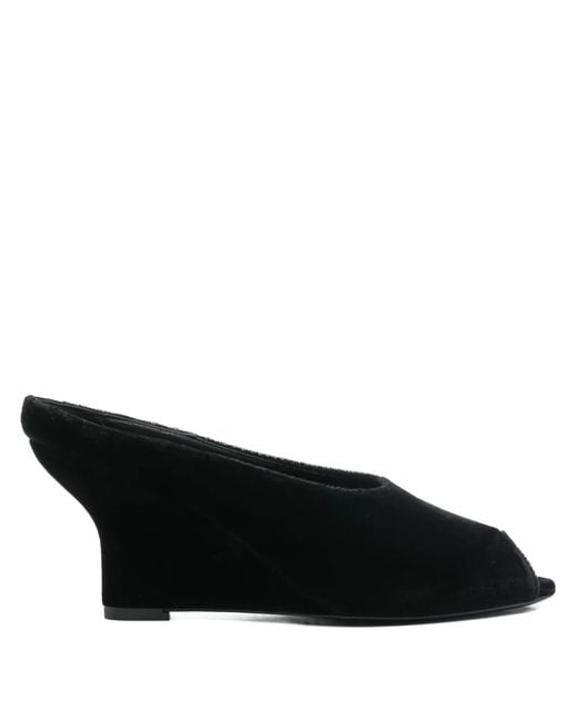 Totême Black Peep-Toe Velvet Wedge Mules