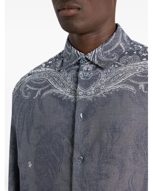 Etro Gray Cotton And Silk Shirt With Placed Pegaso Motif for men