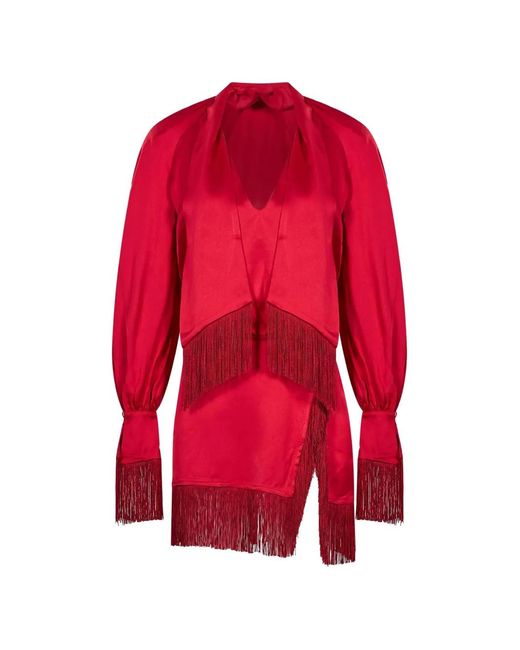 ROWEN ROSE Red Fringe-Trimmed Raglan-Sleeve Mini Dress