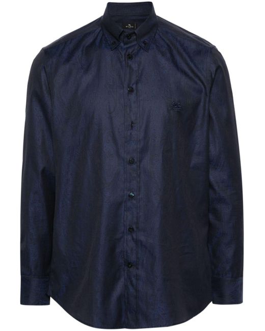 Etro Blue Button-Down Collar Cotton Shirt for men