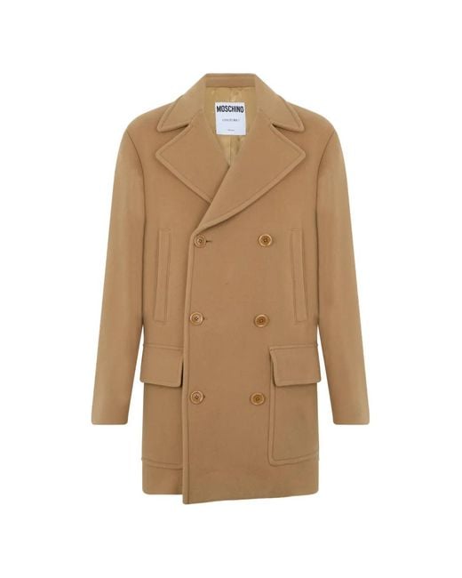 Moschino Natural Double-Breasted Logo-Plaque Coat for men