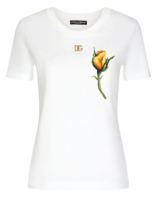 Dolce & Gabbana White T-Shirt mit Rosenapplikation