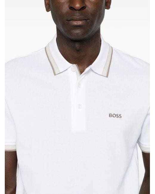 Boss White Logo-Embroidered Polo Shirt for men