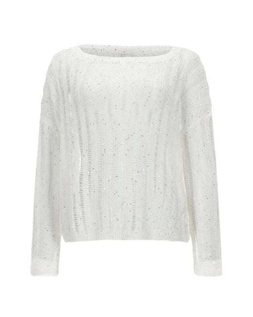 120% Lino White Sequin-Embellished Open-Knit Sweater