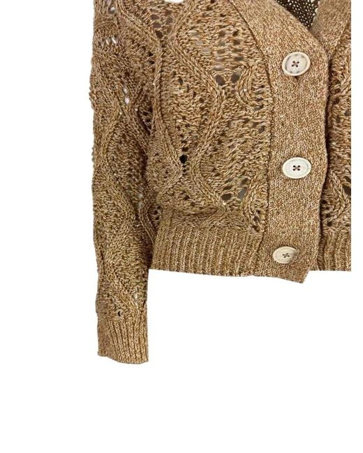 Eleventy Brown Sequin-Embellished Open-Knit Cardigan