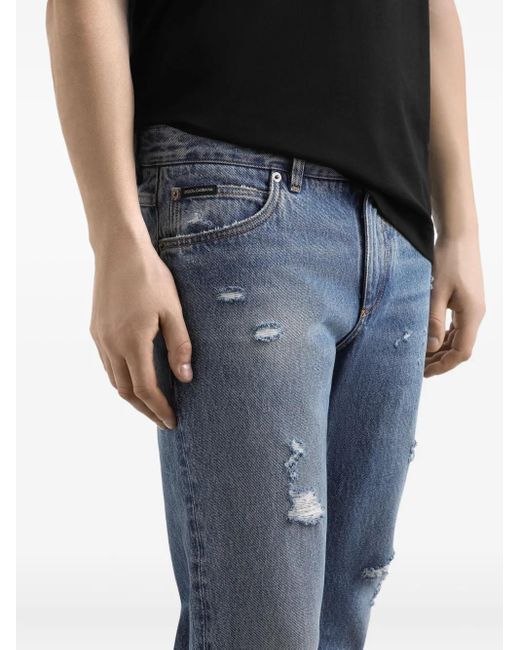メンズ Dolce & Gabbana ダメージ ロゴプレート ジーンズ Blue