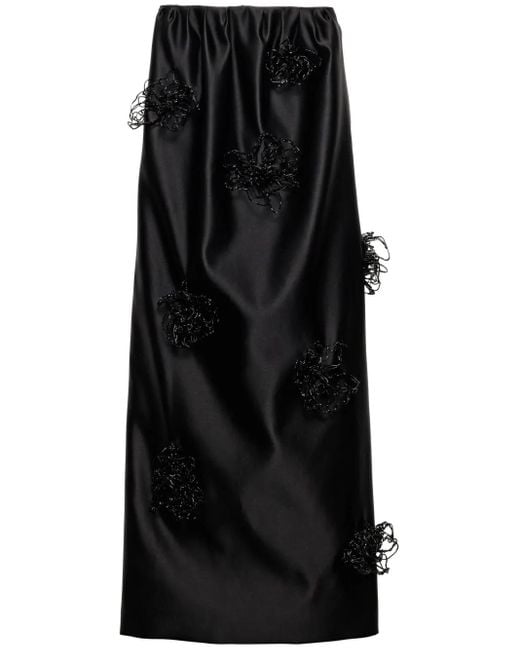 Prada Black Embroidered Satin Maxi Skirt