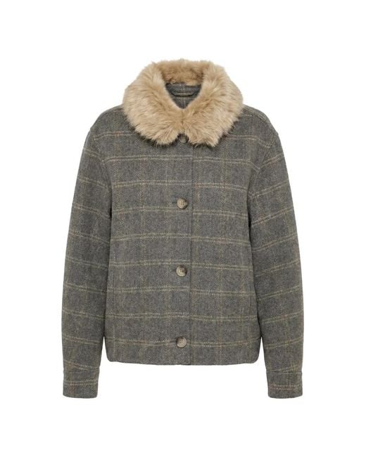 Twinset Gray Double Check Wool Caban Coat With Faux Fur