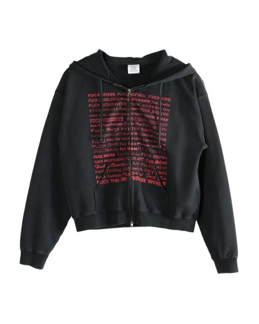 Vetements Black Text-Print Zip-Up Hoodie for men