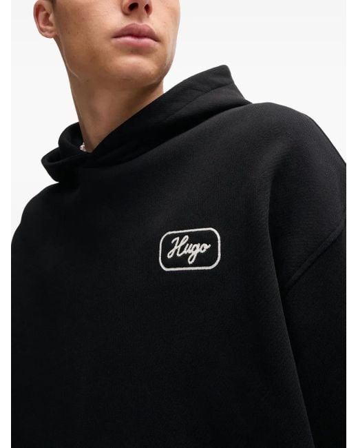 HUGO Black Logo-Print Hoodie for men