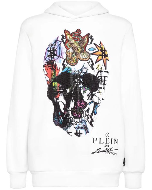 Philipp Plein White Skull-Print Crystal-Embellished Hoodie