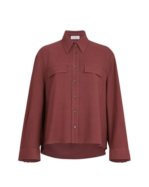 Brunello Cucinelli Red Virgin-Wool Fluid Twill Cropped Shirt