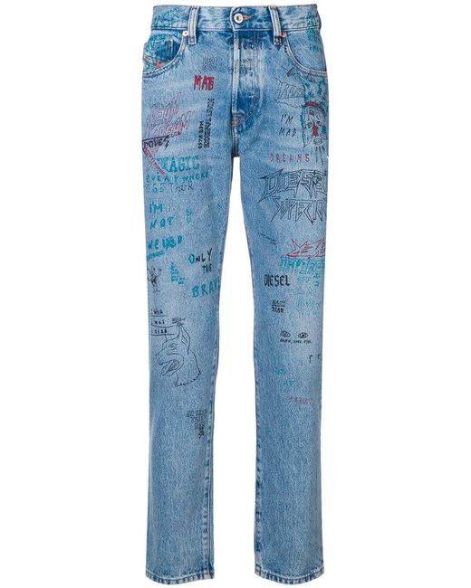 DIESEL Blue Doodle Print Jeans for men