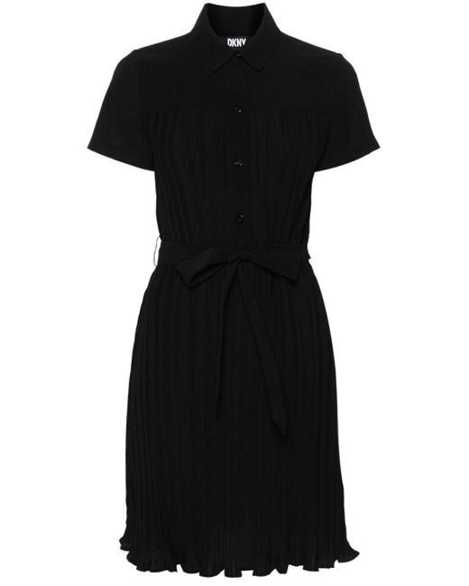 DKNY Black Belted Plissé Mini Dress